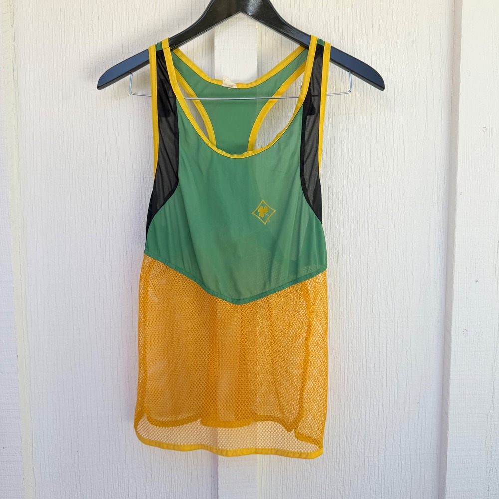 Vintage Moving Comfort Womens Large Green Yellow Mesh Racerback Running Tank Top